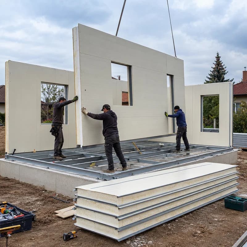 PUF panel house, residential construction site PUF panel house under construction at a residential site, panels being fixed to the frame