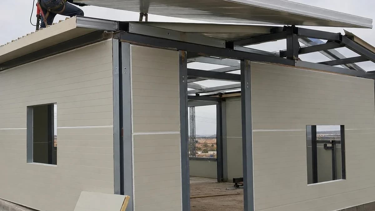 PUF panel house, wall and roof panel installation PUF panel house wall and roof panels being installed on site over a prepared frame