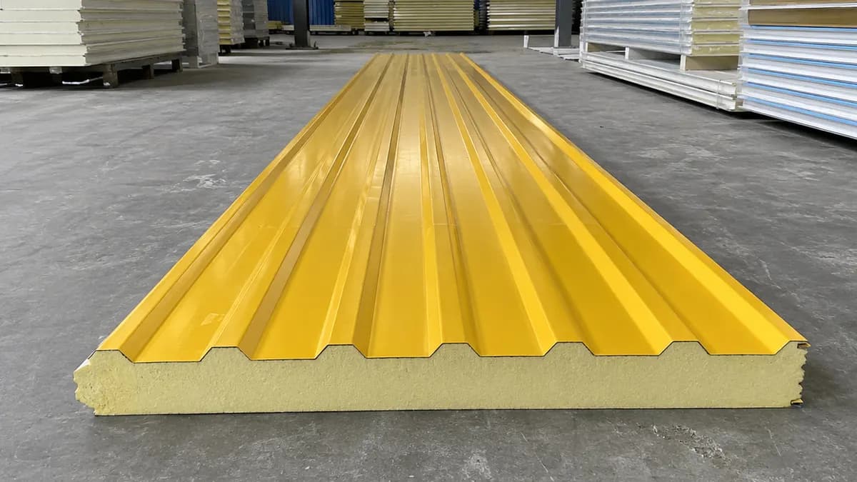 80 mm PUF panel, full product shot Yellow 80 mm PUF panel, full product shot showing facing and core edge