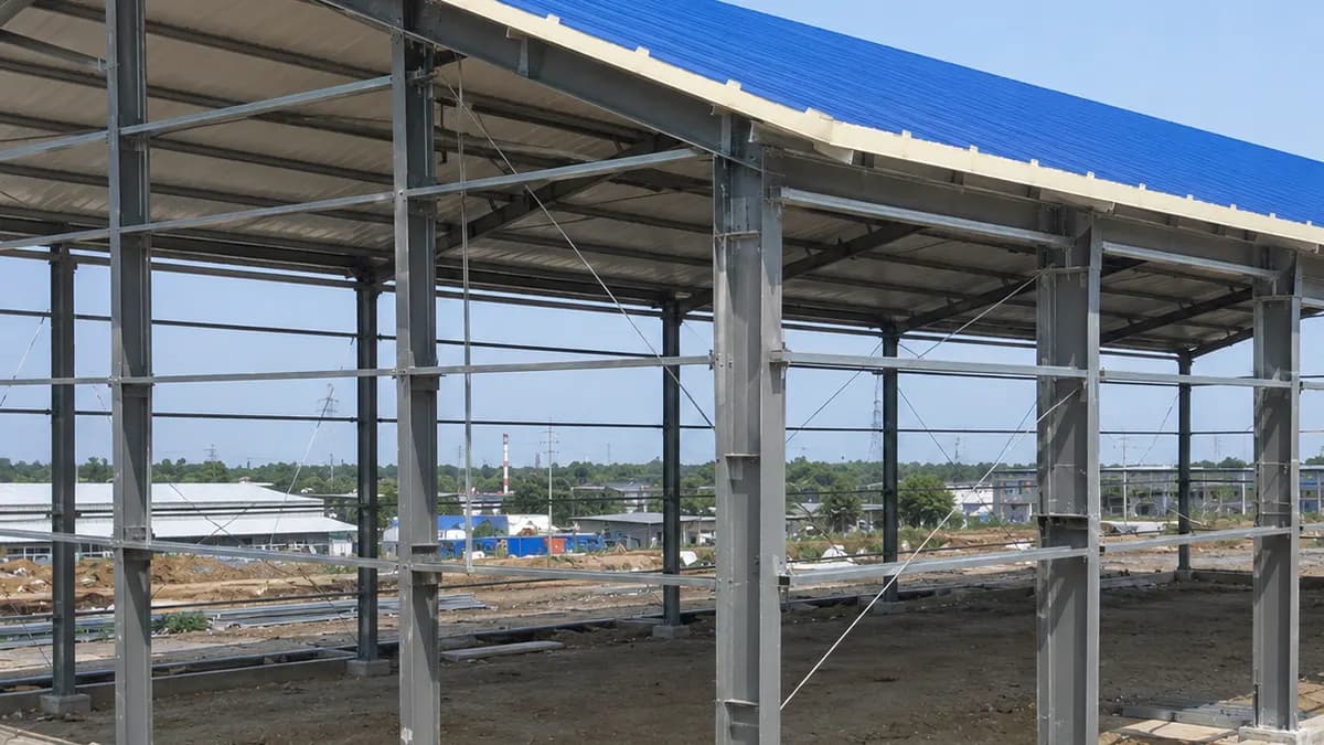 70 mm PUF roof panel installation, steel frame Royal-blue 70 mm PUF roof panel being installed on a steel frame roof, mid-fixing