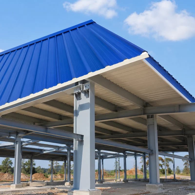 60 mm PUF roof panel profile, steel frame Royal-blue 60 mm PUF roof panel showing the trapezoidal profile on a steel frame