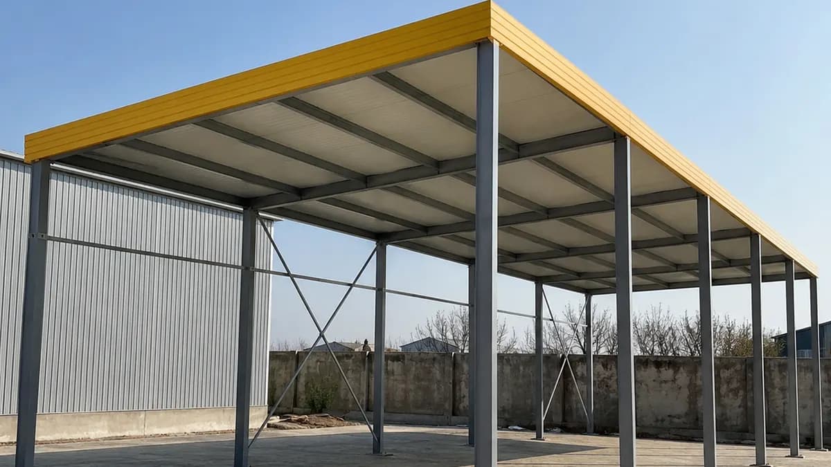 50 mm PUF roof panel, site application Yellow 50 mm PUF roof panel applied at a live site installation
