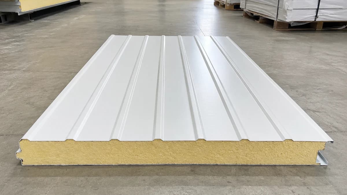 60 mm PUF roof panel, warehouse installation White 60 mm PUF roof panel installed across a large warehouse span