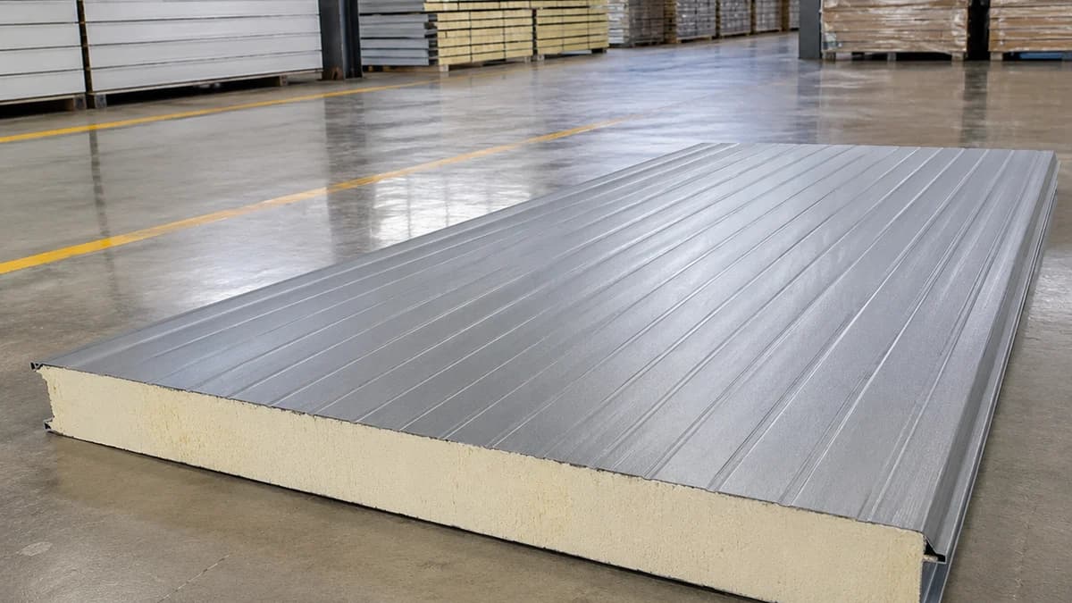 70 mm PUF sandwich panel, industrial floor display Grey 70 mm PUF sandwich panel on an industrial floor display after quality checks