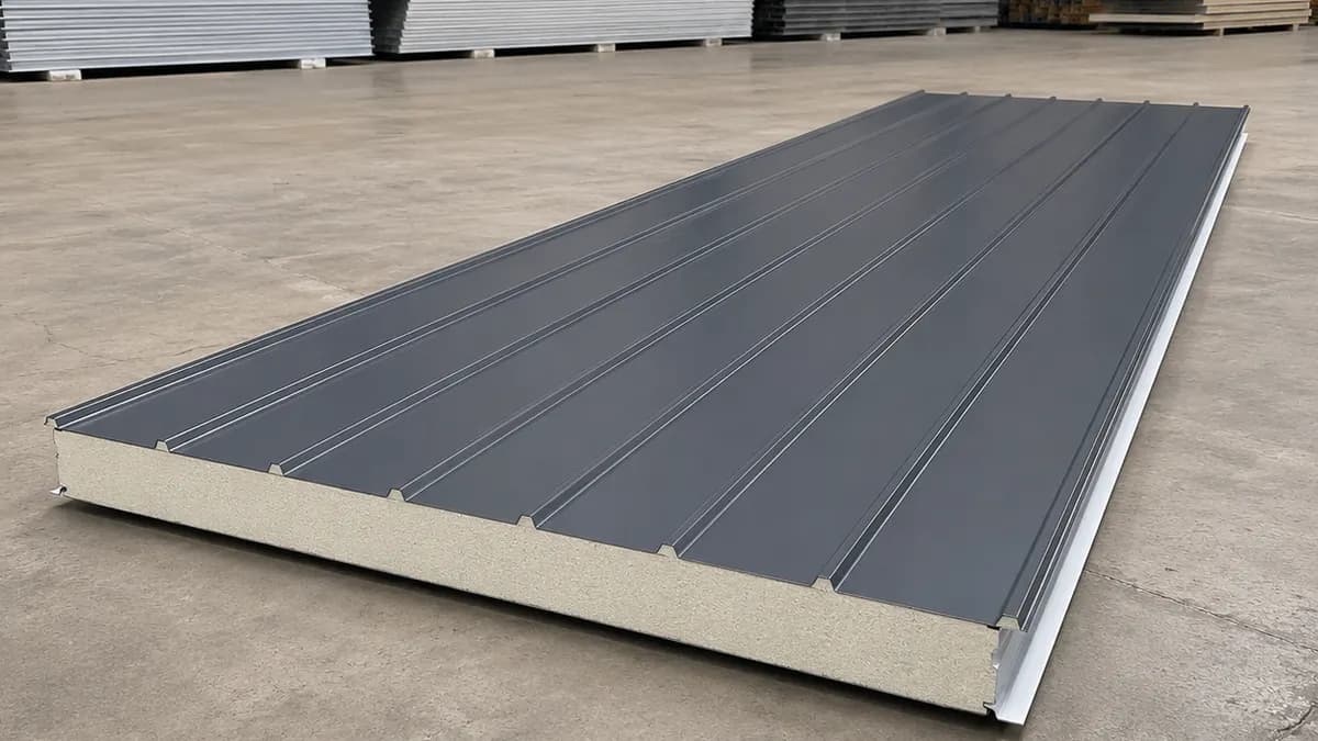 50 mm PUF sandwich panel, product shot Smoke-grey 50 mm PUF sandwich panel product shot
