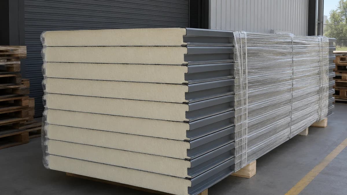 60 mm PUF panel, shipment bundle Smoke-grey 60 mm PUF panel shipment bundle staged for outbound freight