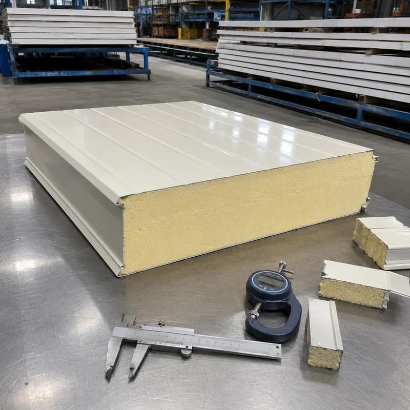 PUF panel specification, 100 mm cut-section QC 100 mm ivory PUF panel cut-section shown during quality-control inspection