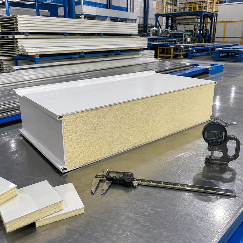 PUF panel specification, 150 mm cut-section QC 150 mm white PUF panel cut-section shown during quality-control inspection