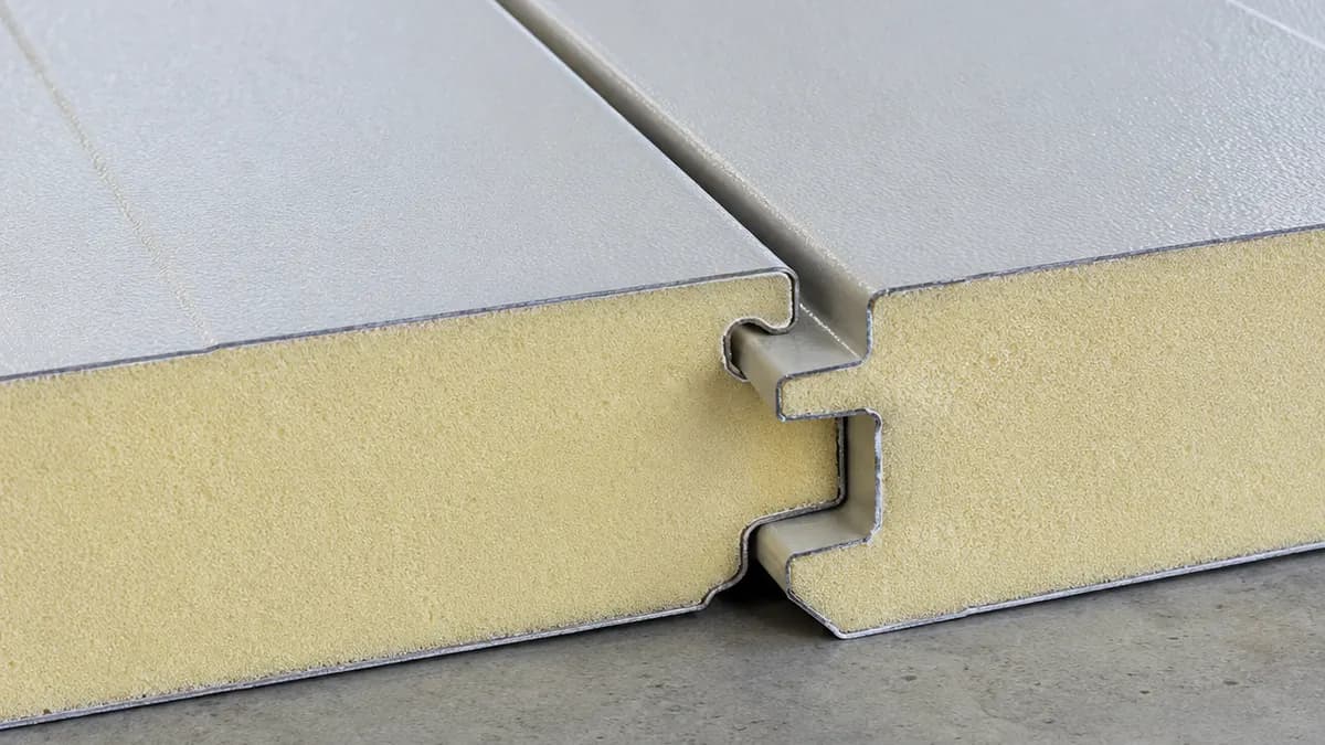 PUF panel tongue-and-groove joint, standard vs cam-lock Tongue-and-groove joint on a 40 mm PUF panel, the standard joint priced into the base rate