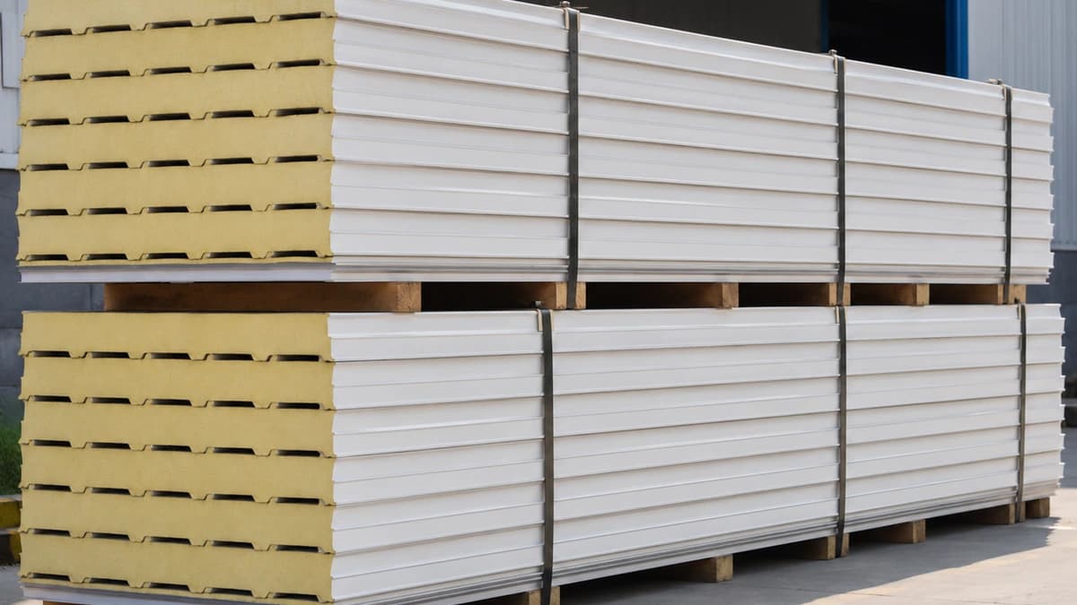 40 mm PUF panel, transport-ready bundle 40 mm PUF panel bundle wrapped and ready for transport from the factory