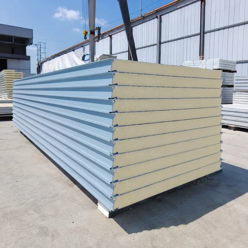 70 mm PUF wall panel, stockyard Light-blue 70 mm PUF wall panel in stockyard storage, made-to-order thickness