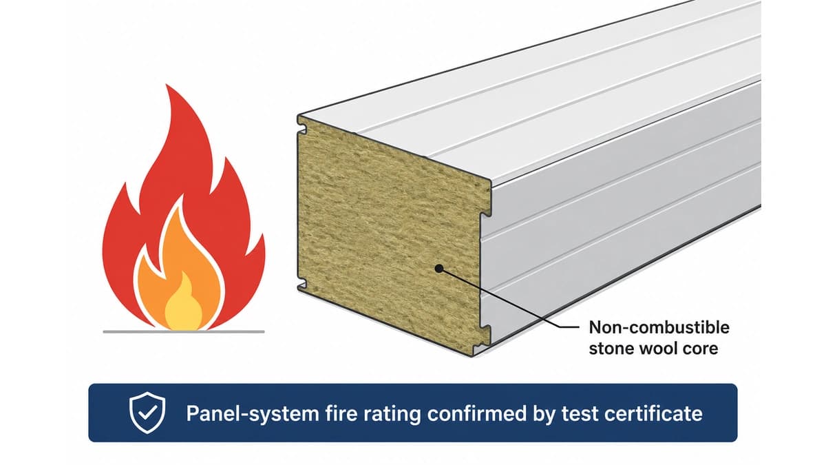 Rockwool panel fire behaviour diagram Rockwool panel fire behaviour diagram, non-combustible stone wool core, system rating by test certificate