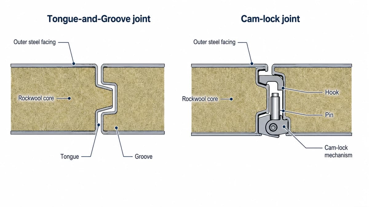 Rockwool panel joint systems diagram Rockwool panel tongue-and-groove and cam-lock joint systems diagram