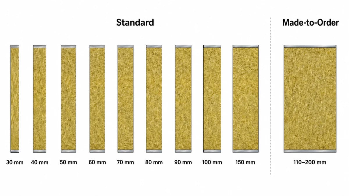 Rockwool panel thickness range diagram Rockwool panel thickness range diagram 30mm to 150mm standard and made-to-order sizes