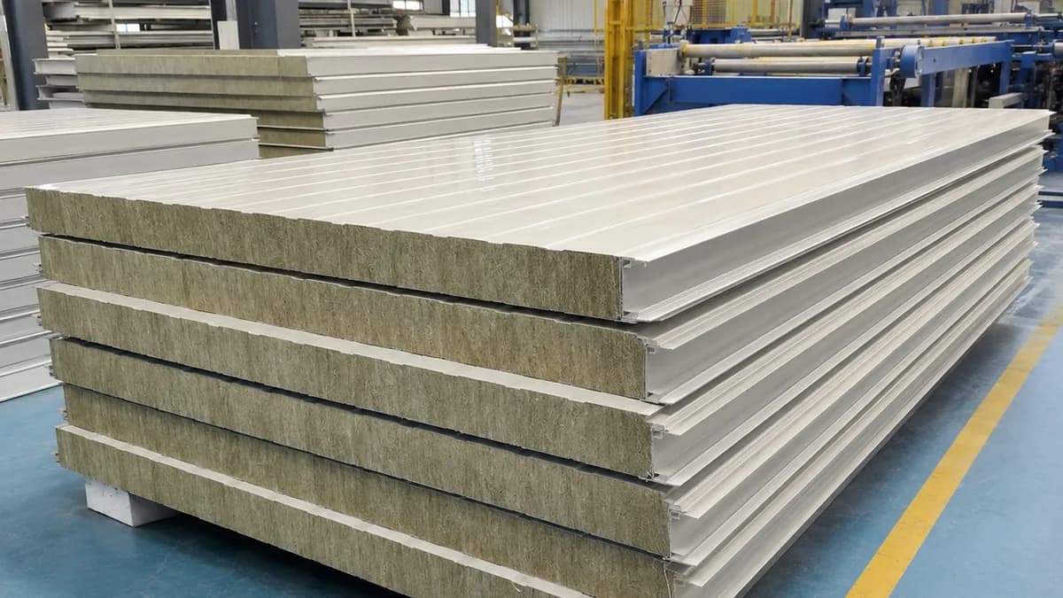 Rockwool sandwich panel stock, factory floor Rockwool sandwich panels stacked at SAMAN factory showing stone wool core