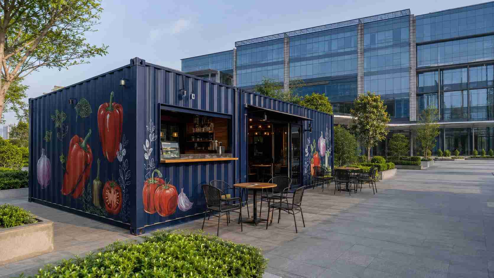 SAMAN 25×20 multi-unit shipping container cafe deployed at an Indian SME commercial compound — two 20-ft containers joined into a 500 sq ft cafe
