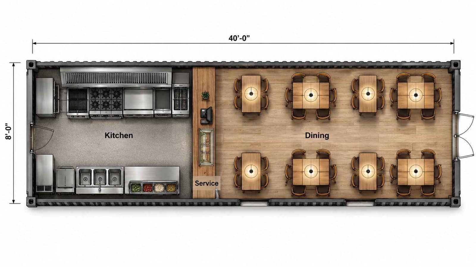 Top-down floor plan of a 40-ft shipping container restaurant — kitchen at one end, central service counter, 20-cover dining mix of two-top and four-top tables.