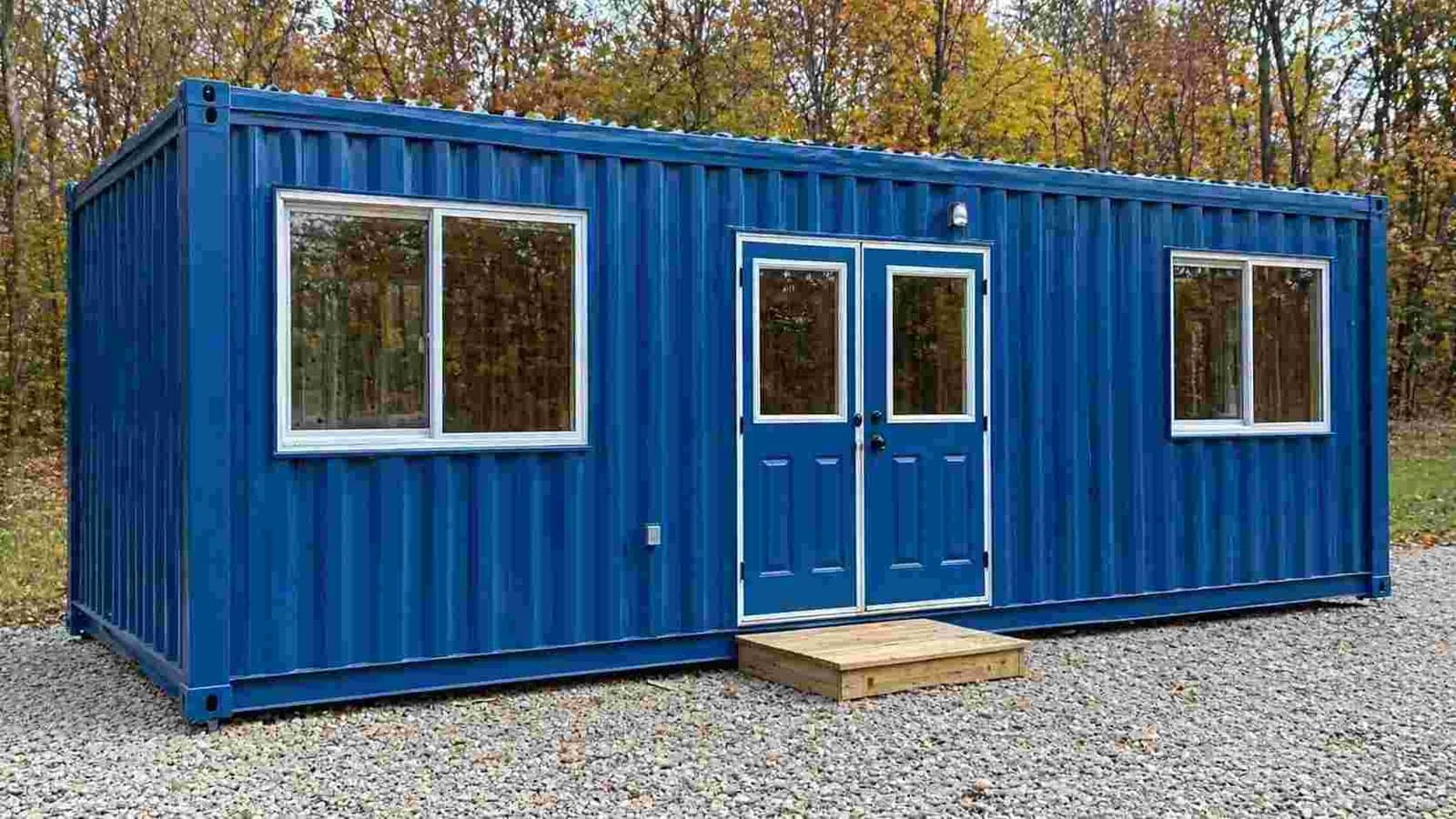prefabricated porta cabin redeployed second site blue corrugated steel relocation