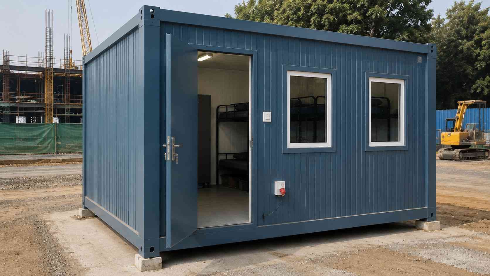 Forest green bunkhouse cabin lifted by a crane onto a level base at a worksite.