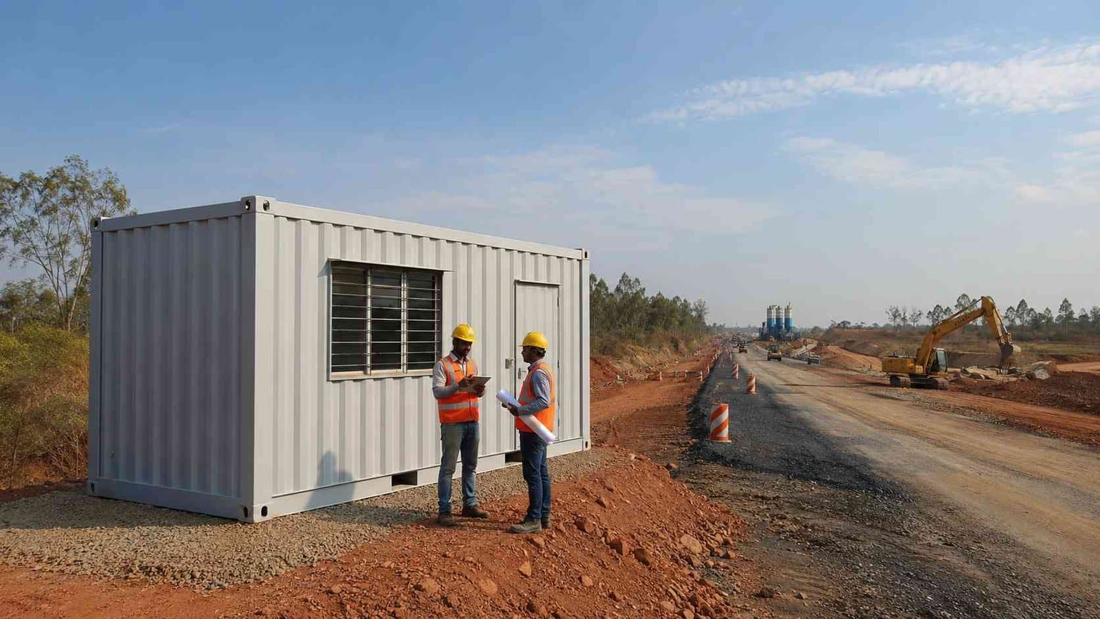 ISO container construction site office on highway project, two engineers with tablet and drawings, excavator and batching plant in background