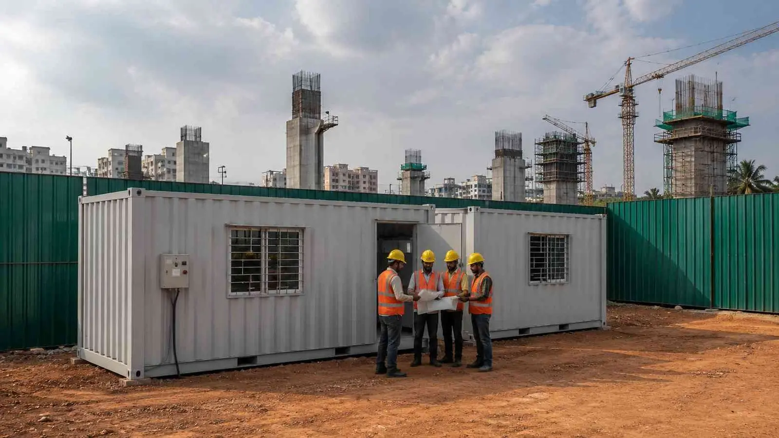 Four engineers reviewing blueprints outside a 40-ft construction site office container inside a green site compound, tower cranes behind