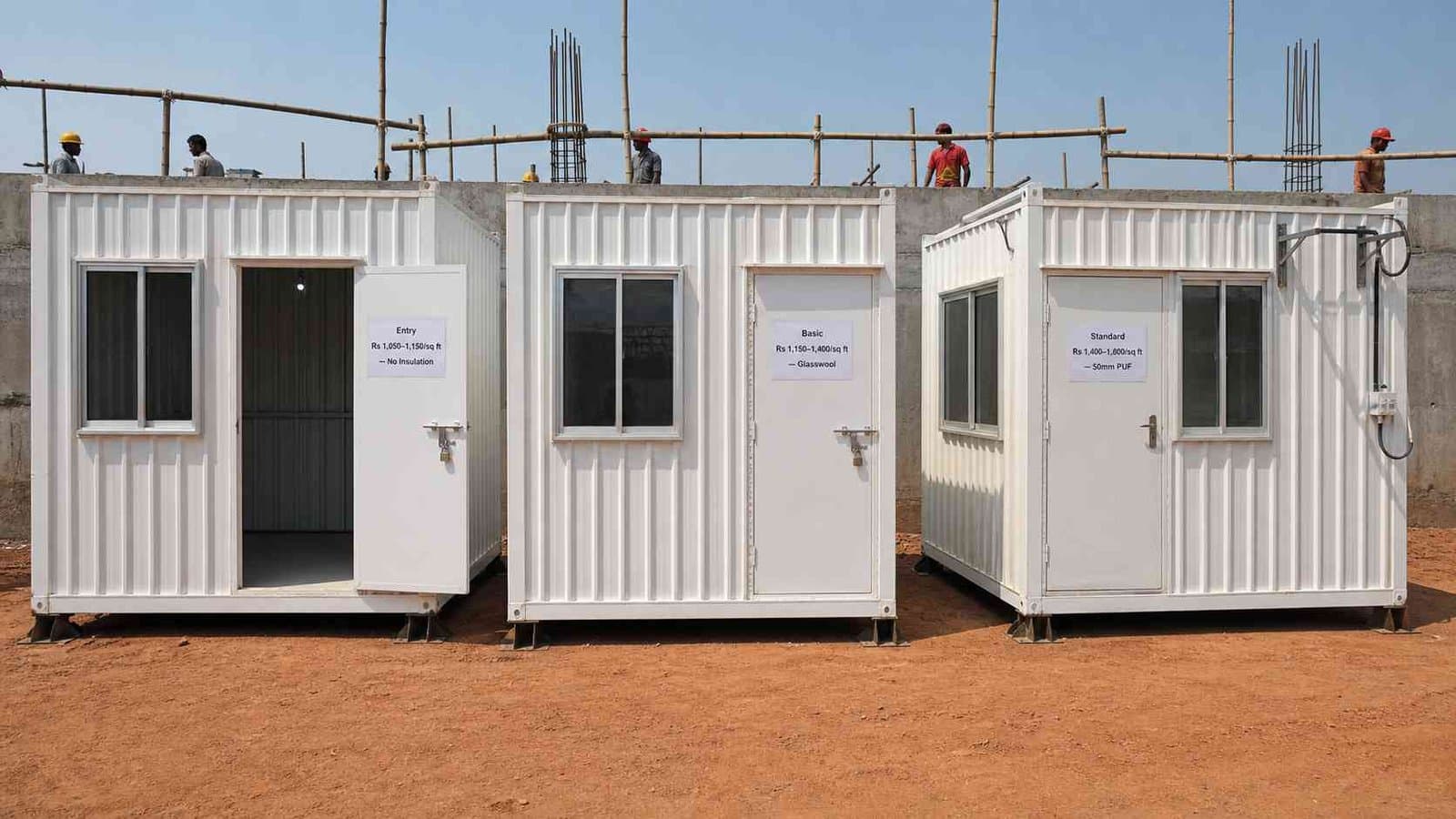 low cost porta cabin three specification tiers entry basic standard IS 2062 frame India SAMAN