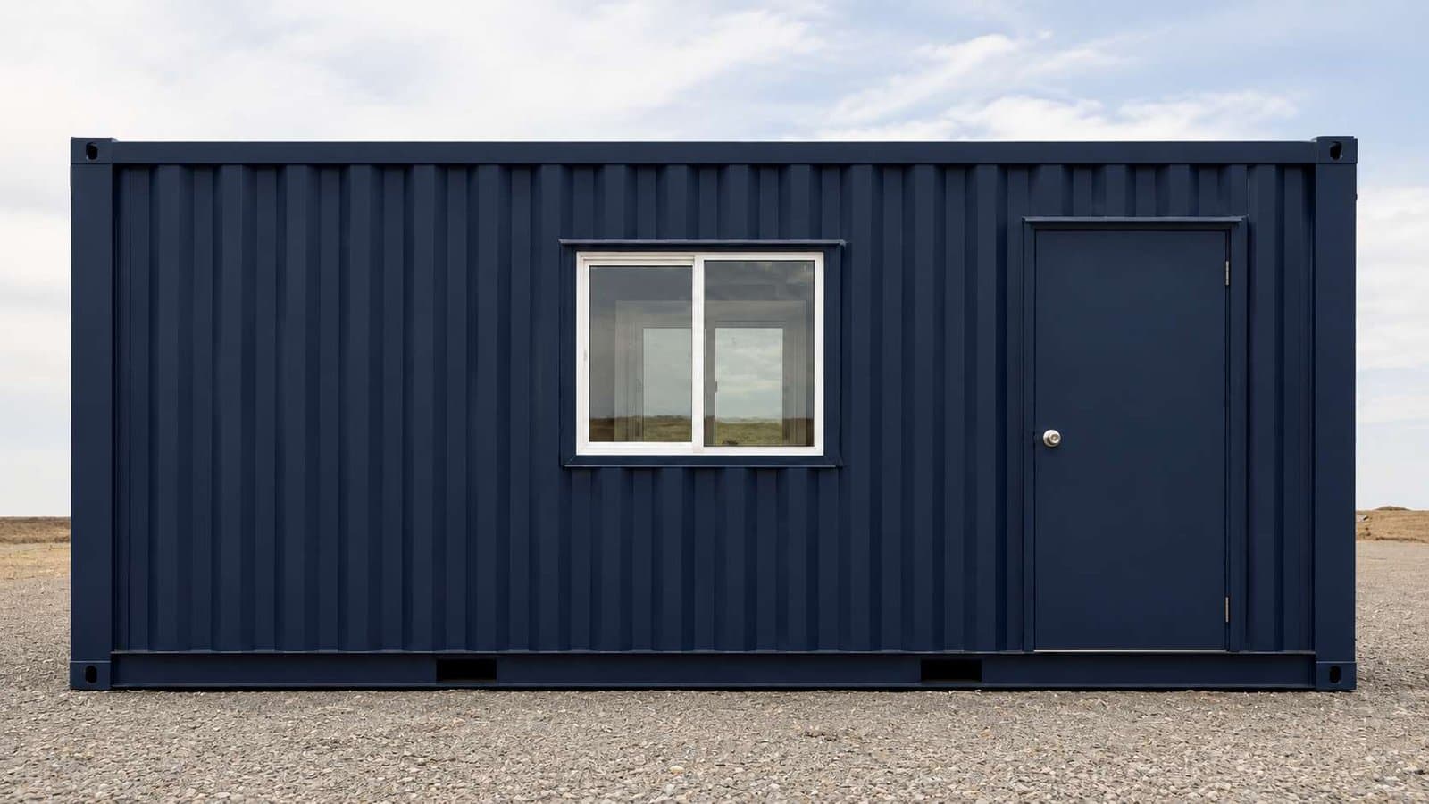 Navy blue container building front elevation with ribbed MS steel cladding.