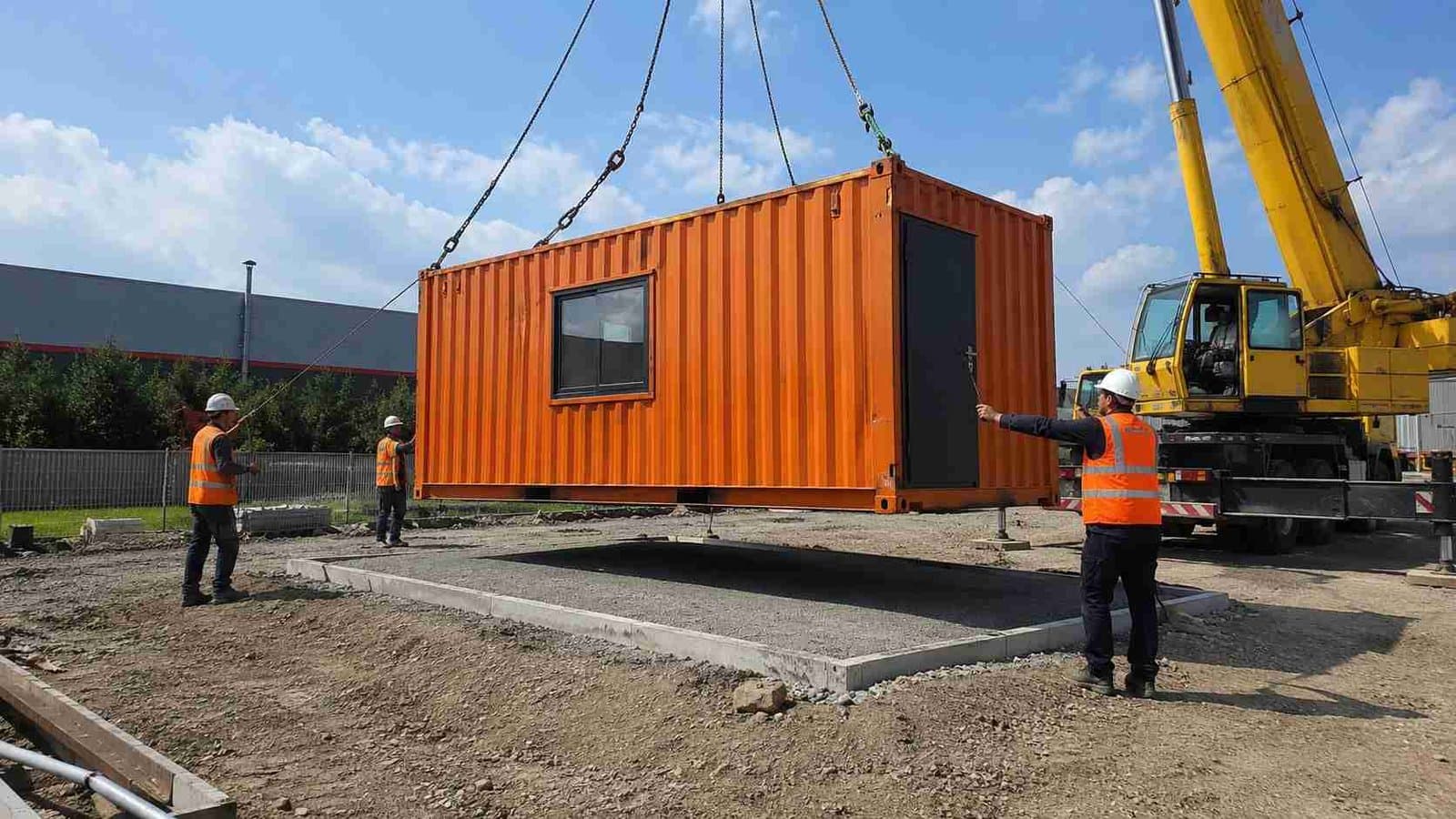 Orange container building lifted by crane onto a compacted base at a site.
