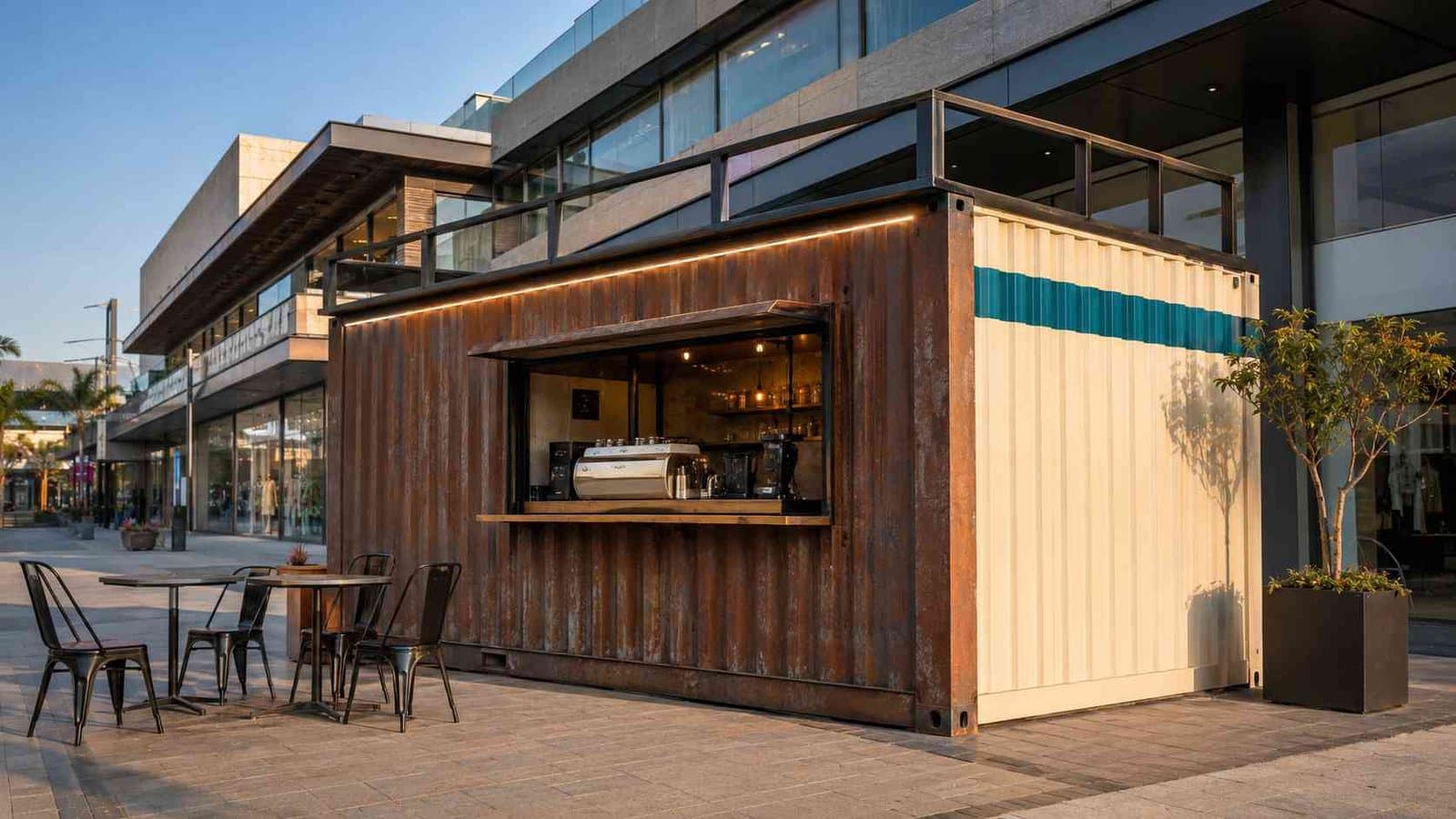 Container coffee shop at a commercial high-street storefront — corten and painted GI brand-finish options on a single SAMAN unit.