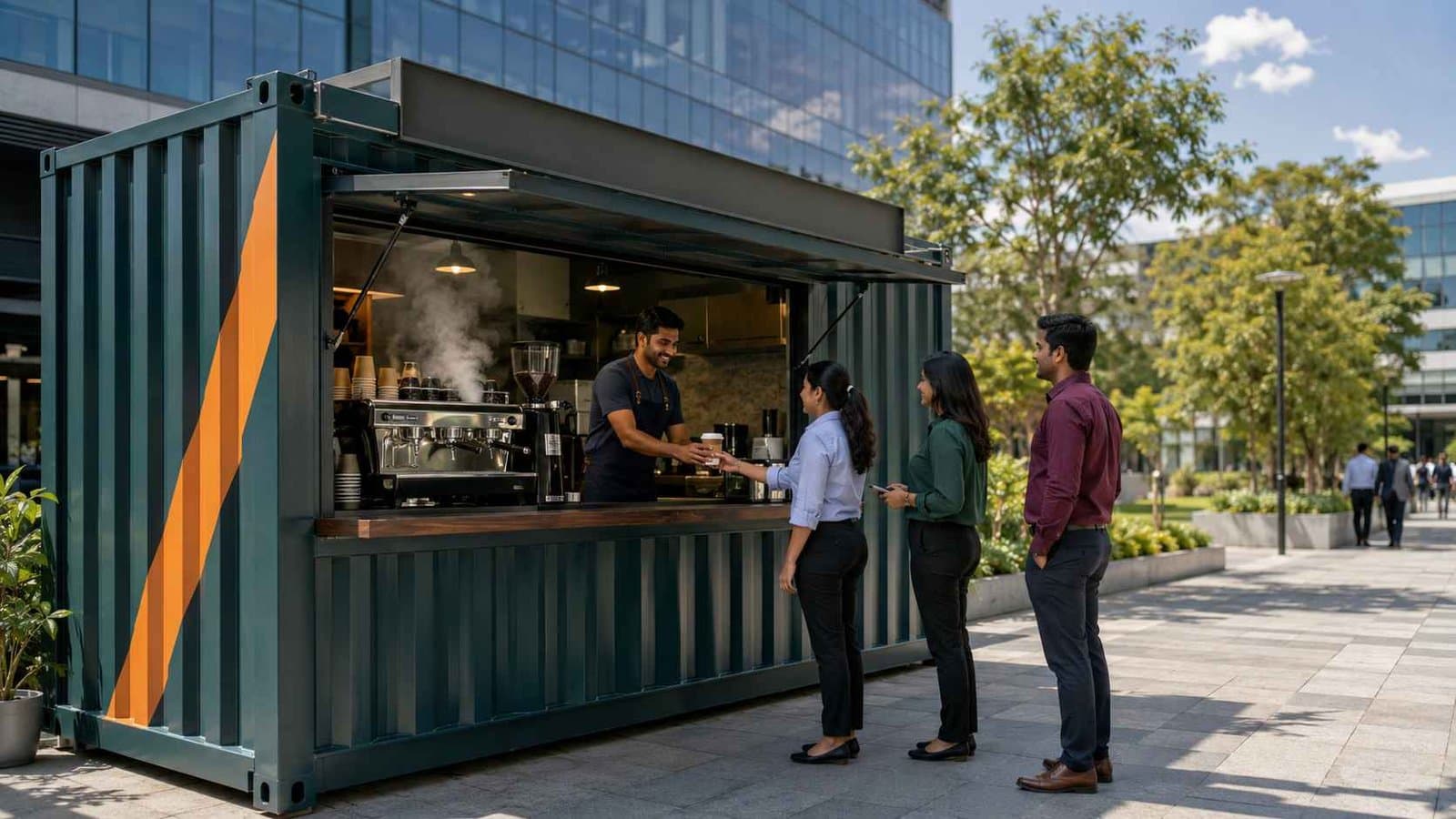 Container coffee shop customer window in operation at an Indian tech park — barista serving espresso to office workers in queue.
