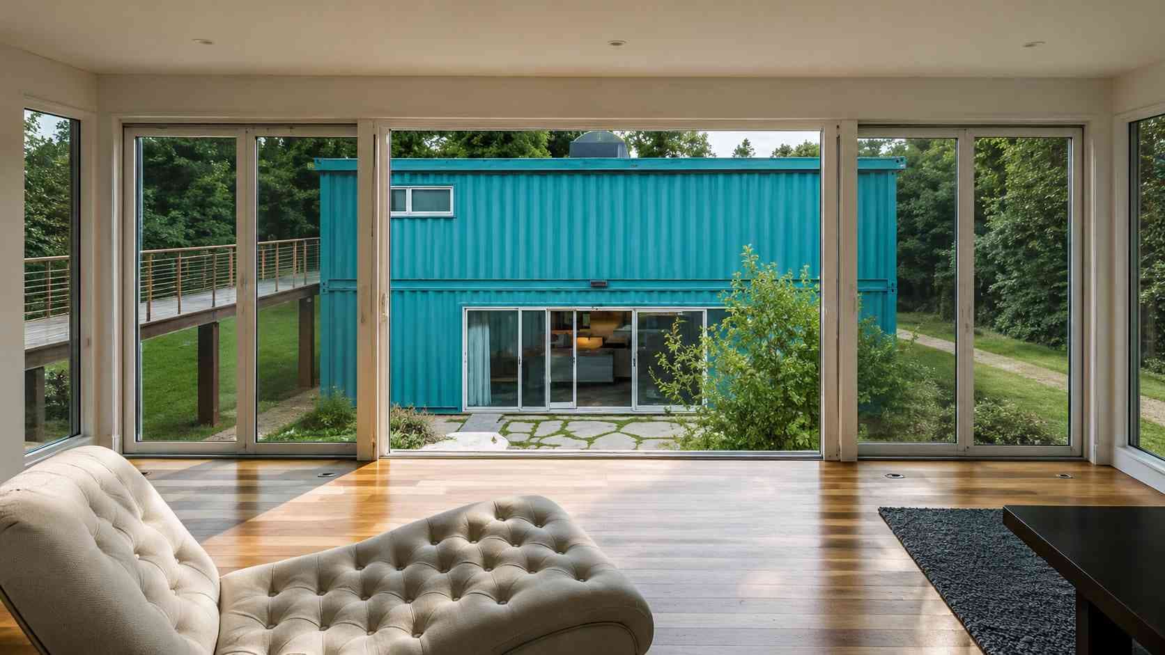 Living room with sofa looking through glass doors to a teal container unit and courtyard