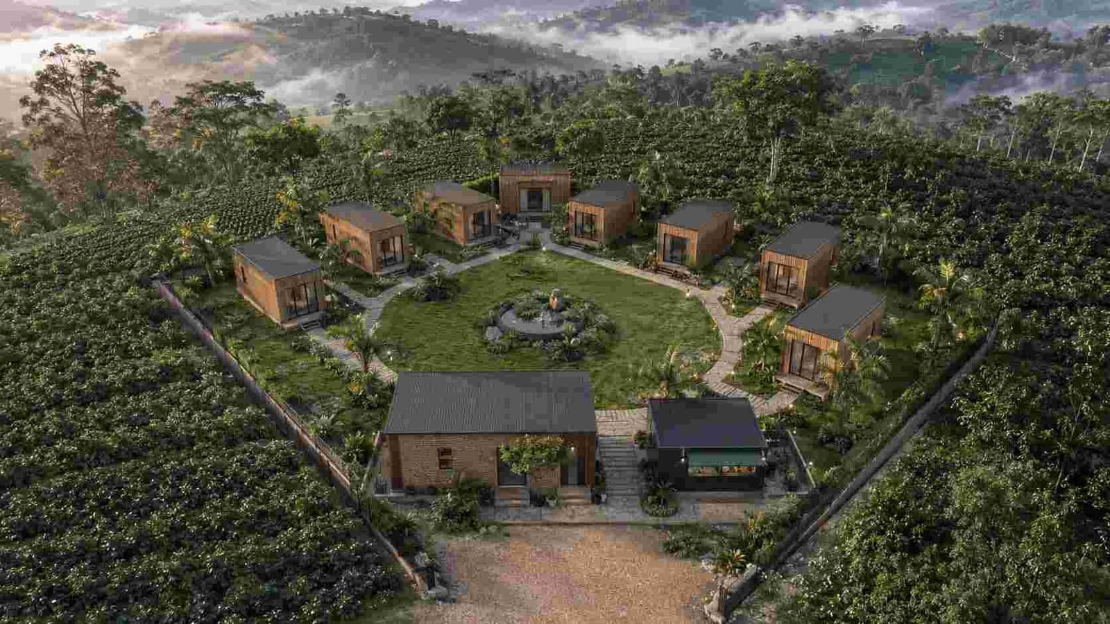 Aerial view of a 10-key boutique container hotel project layout — 10 wood-batten cottage modules in U-shape around a landscaped central lawn, with reception and F&B counter