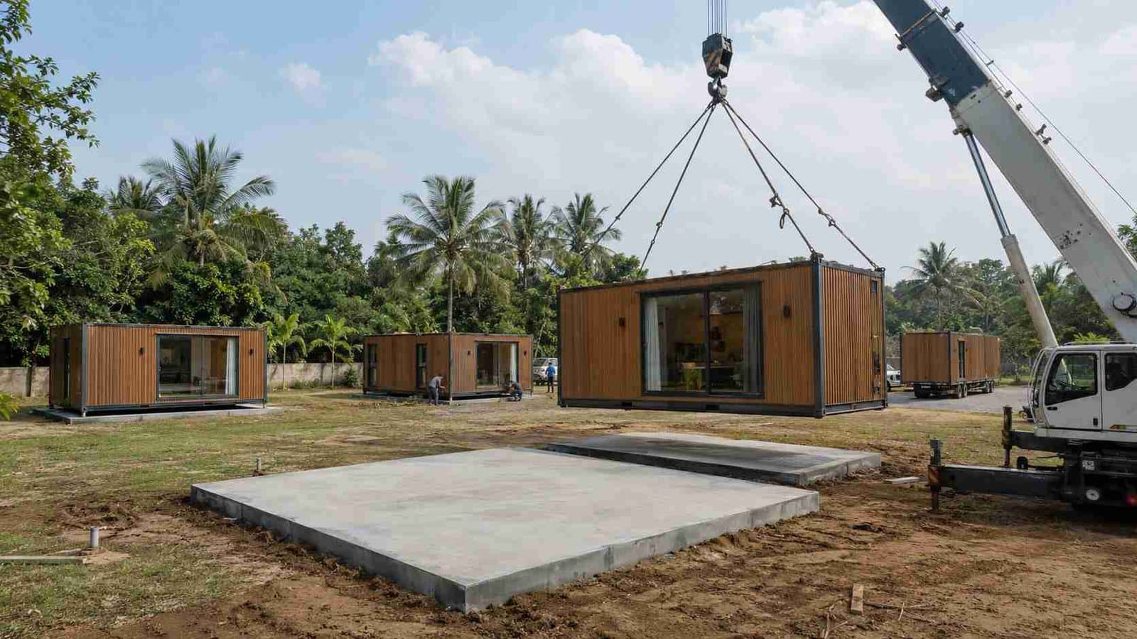 Mobile crane placing a wood-batten container hotel module onto a prepared RCC pad on a boutique hospitality plot, with two cottages already placed in the background