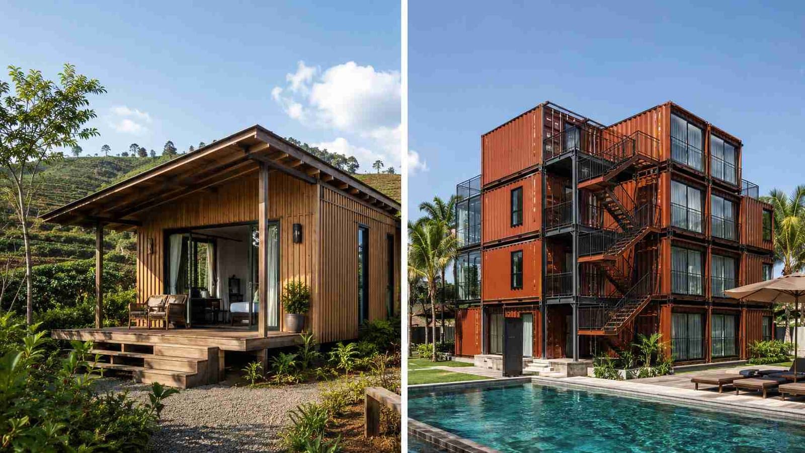Side-by-side comparison: single-storey boutique container hotel cottage with wood-batten cladding on the left vs three-storey stacked shipping container hotel with corten exterior on the right