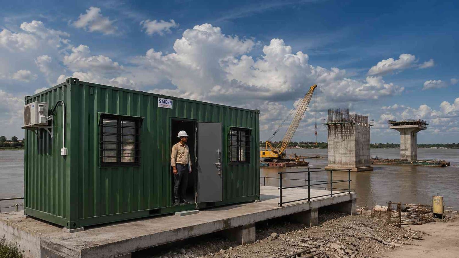 Container office cabin at a river bridge dam construction project in India with water and piers visible
