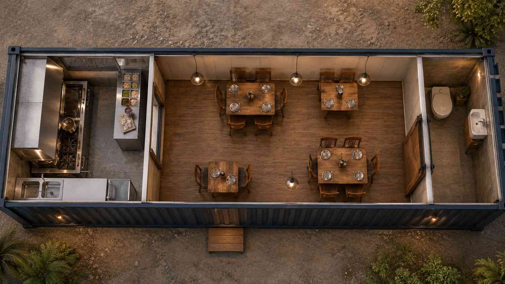 40-ft container restaurant floor plan showing kitchen zone, table-service dining area, and rear restroom — SAMAN single-unit layout