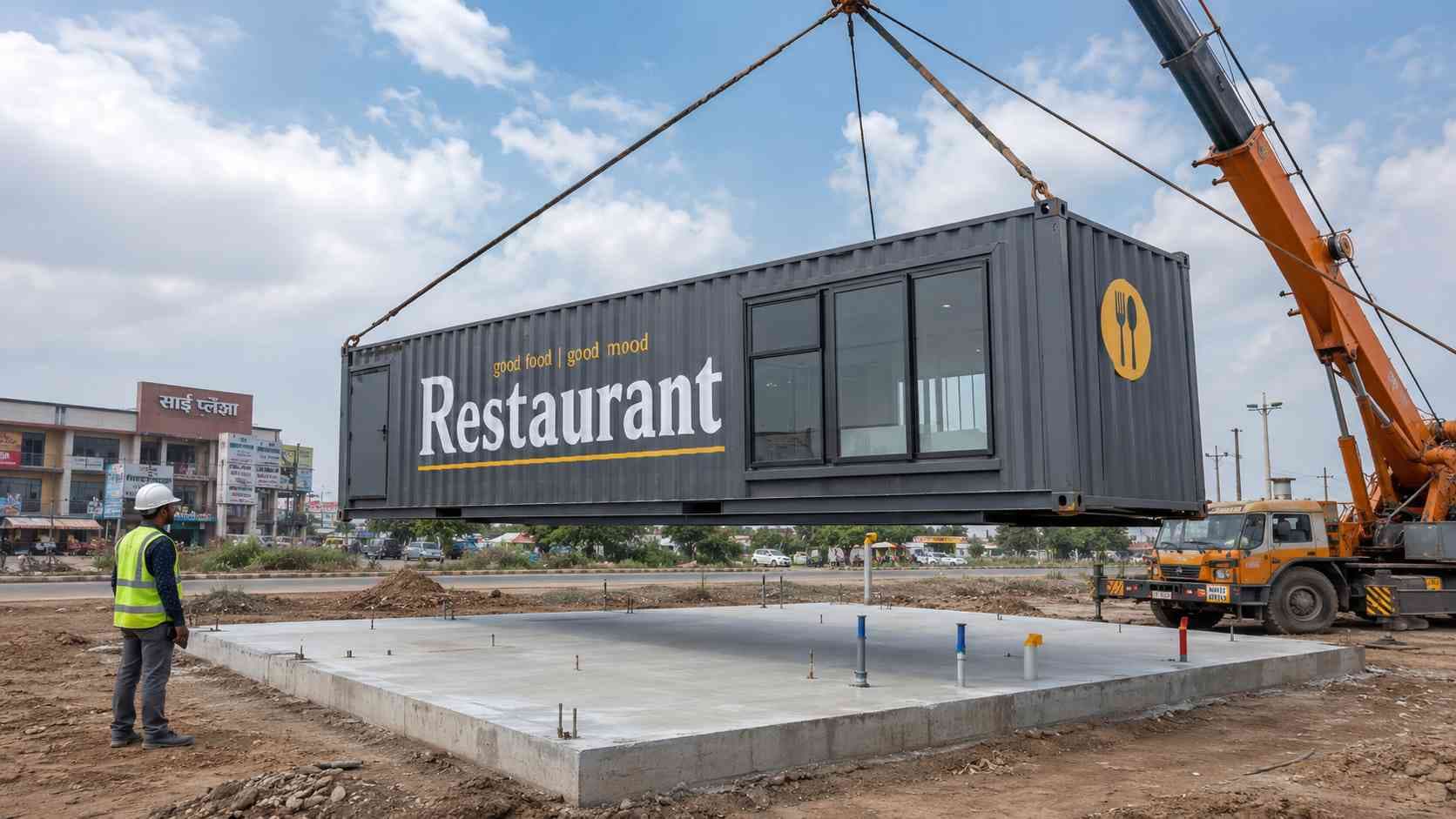 40-ft container restaurant being lifted onto its concrete pad foundation in India — corner lift-points, utility stub-ups, site supervisor