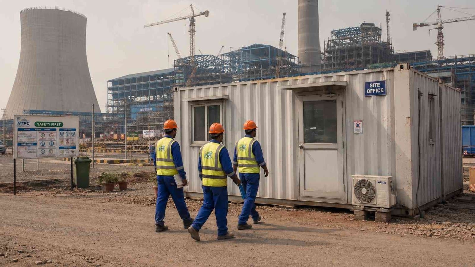 Container site office at a thermal power plant project with visitors approaching during handover phase.