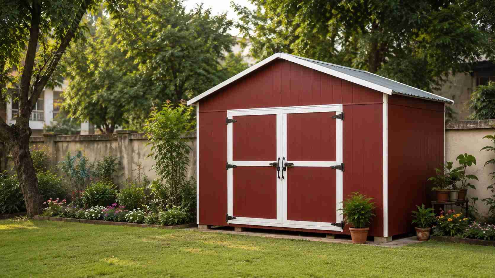 Burgundy garden shed with white trim on a home backyard lawn beside a flowering bed.