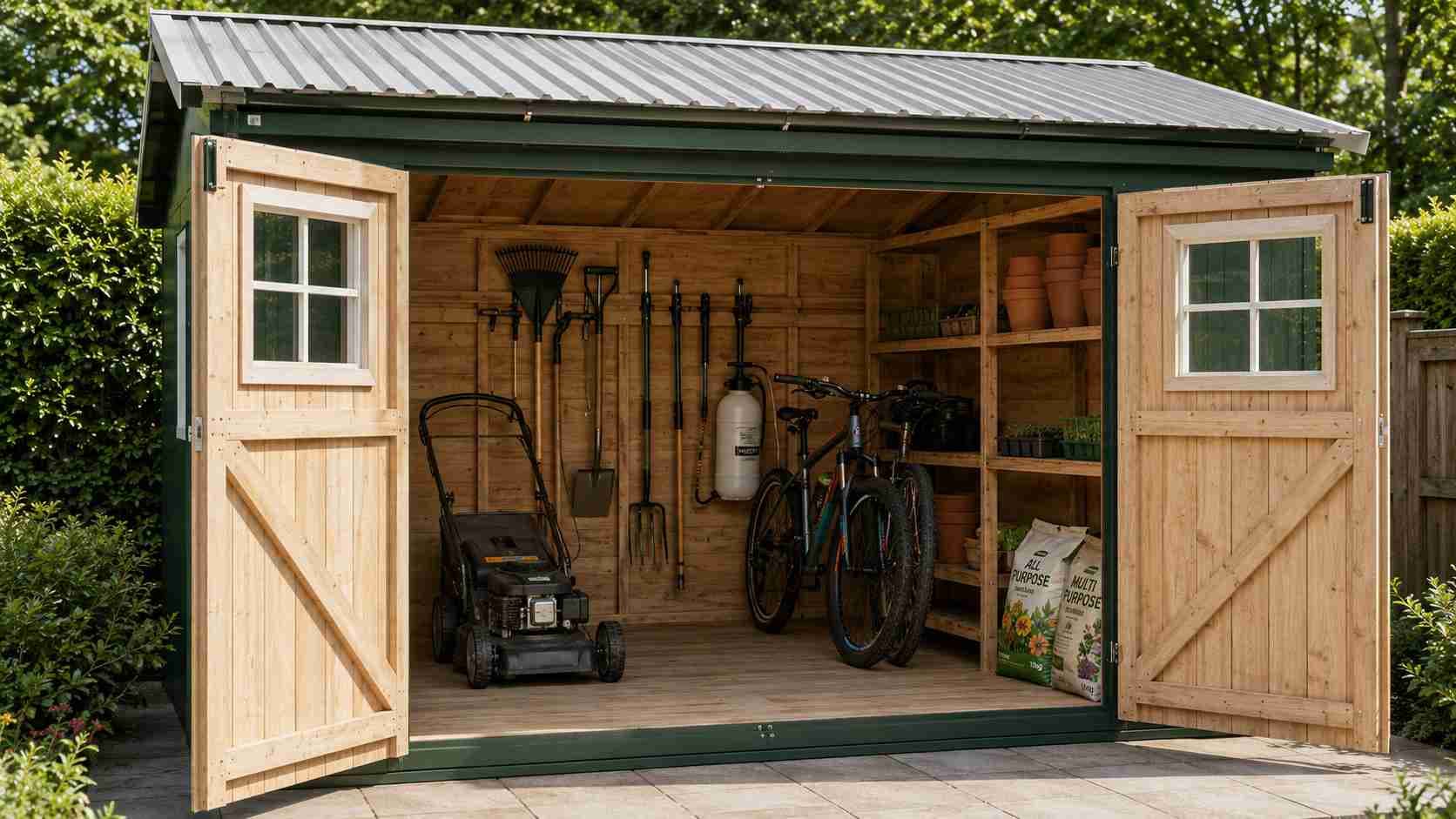 Inside a green garden shed showing a mower, bicycles and garden tools on wall racks.