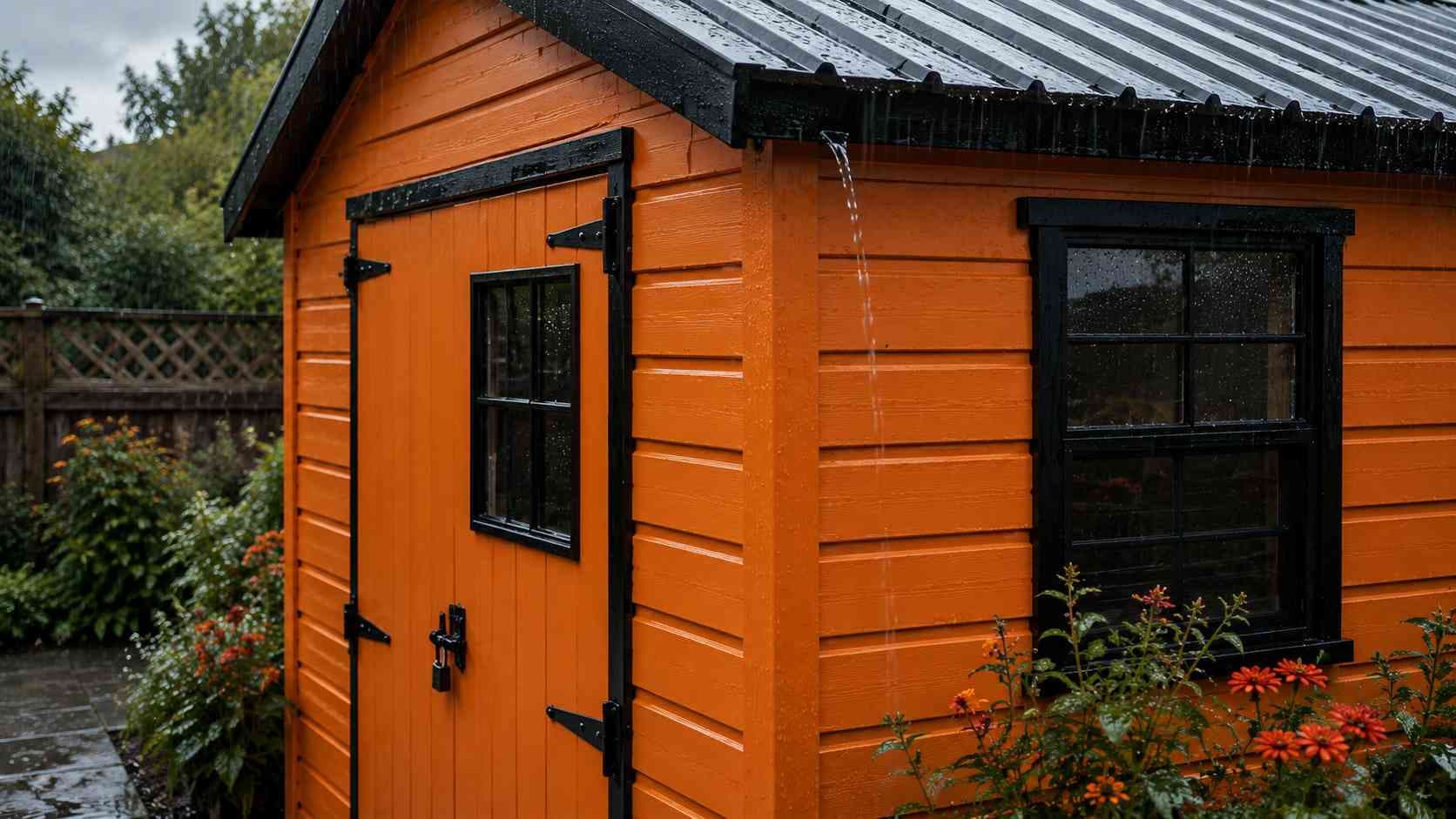 Orange garden shed door with a padlock and rain running off the roof eave in monsoon.