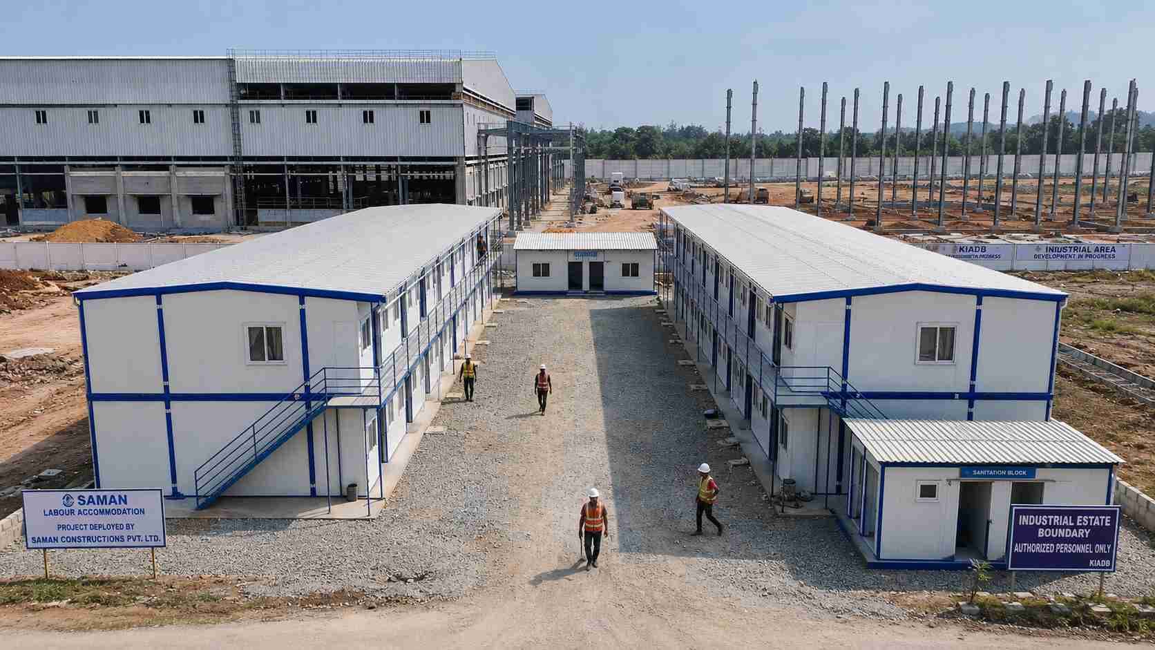 Labor accommodation deployed at a factory expansion site in a southern Indian industrial estate with PEB factory shed visible in the background.