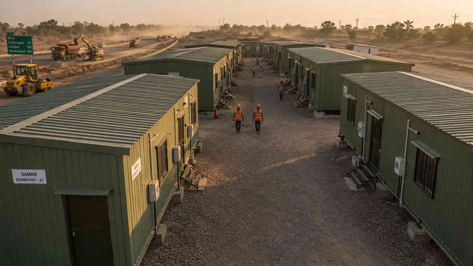 A row of sage green SAMAN dormitory blocks deployed beside an NHAI highway construction corridor at golden hour.