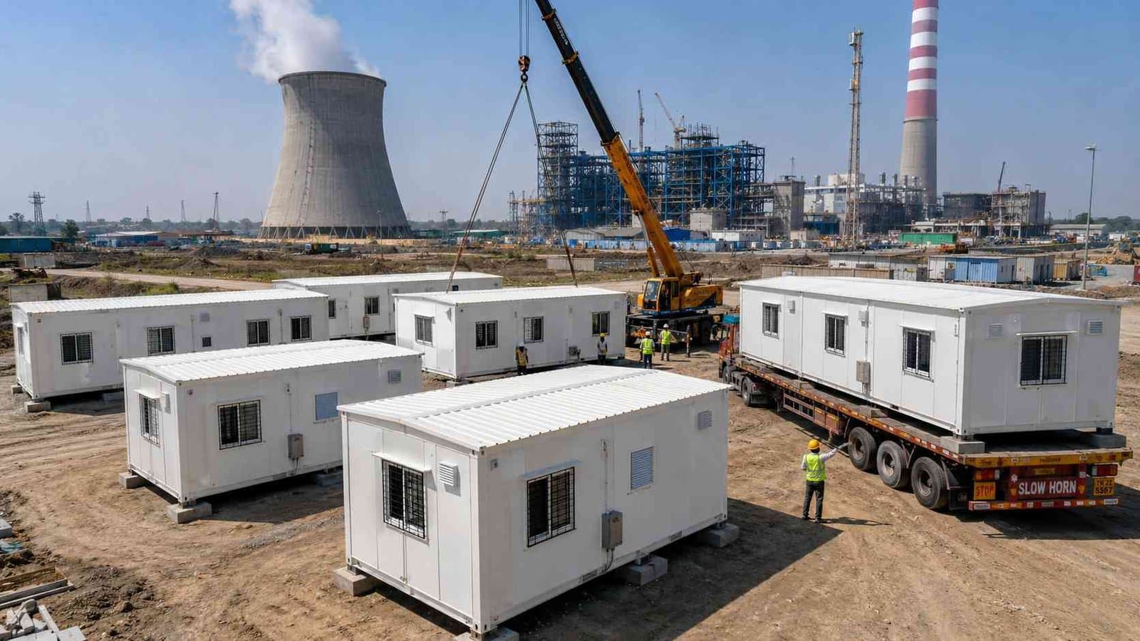 A pure white labor camp mid-deployment with a crane placing units at an Indian thermal power plant site.