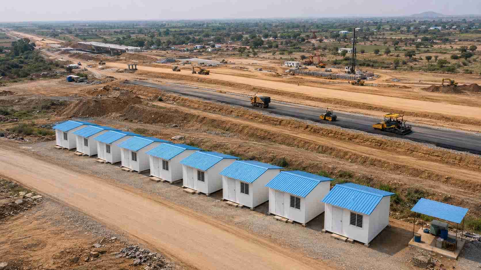Row of SAMAN labor cottages deployed at an Indian highway construction project site
