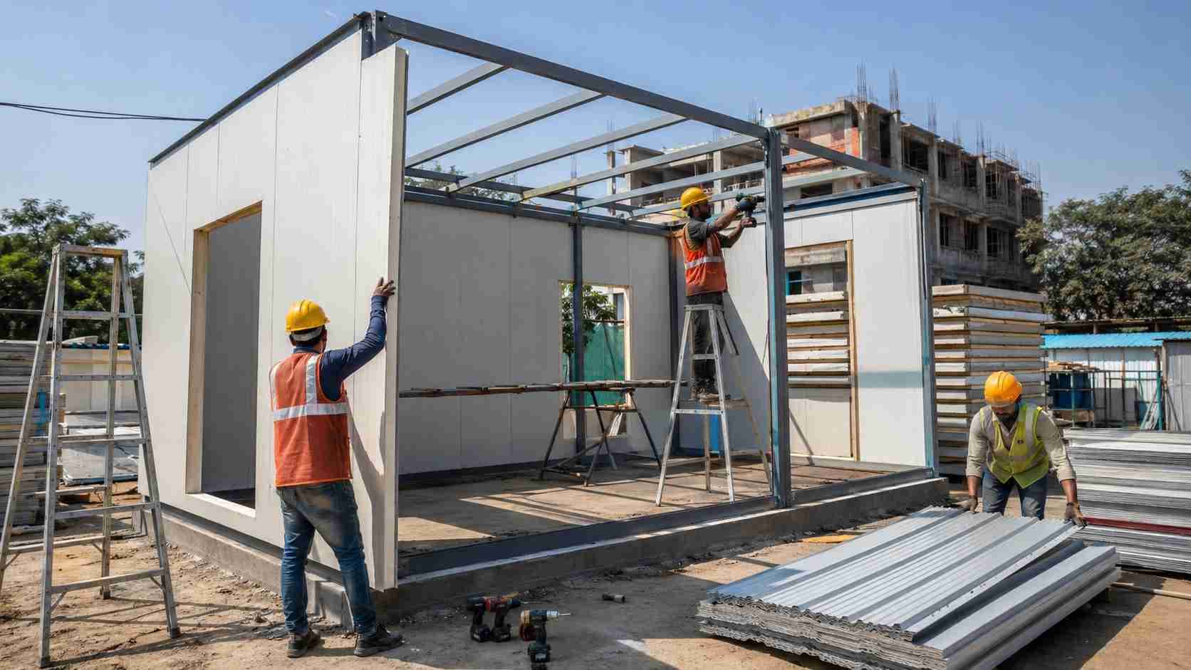 Three-person SAMAN site crew assembling a labor cottage on a prepared level base at an Indian project site