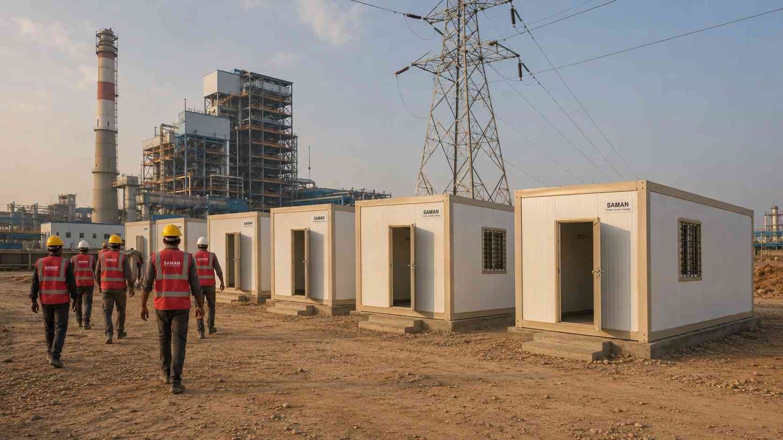 Sandstone Beige labor hutment row beside a thermal power plant boiler structure and transmission line tower.