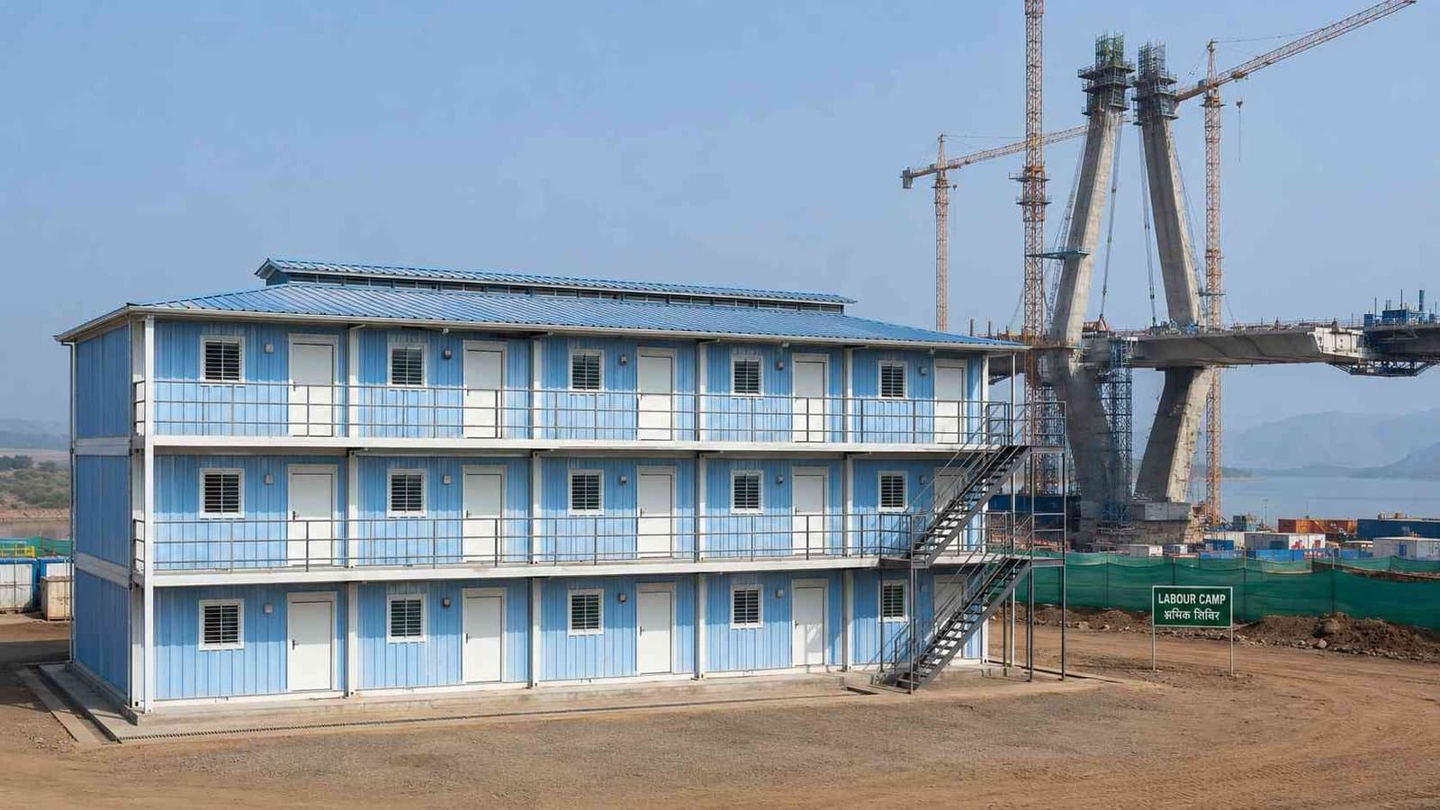 Three-storey G+2 SAMAN labor shed at a bridge construction project site in India housing 80 to 140 workers
