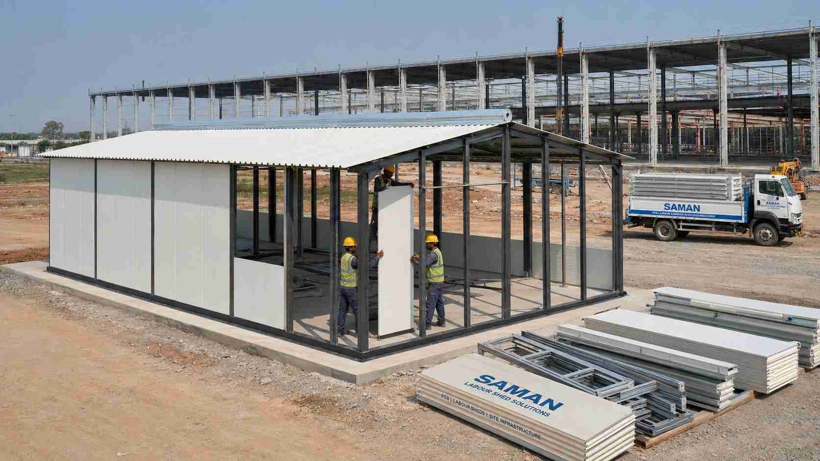 A SAMAN labor shed being assembled on-site by a small crew at an Indian industrial construction project