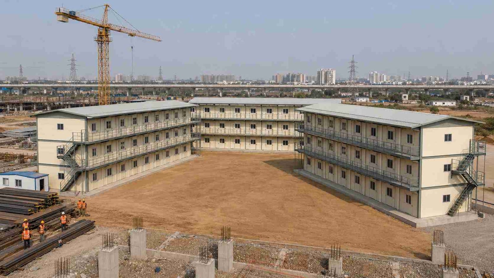 L-shape complex of three G+2 SAMAN labor shelter blocks at a metro depot mobilization site